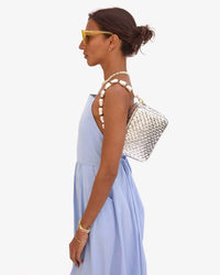 Clare V. Midi Sac in Silver Specchio Woven Checker
