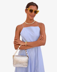 Clare V. Midi Sac in Silver Specchio Woven Checker