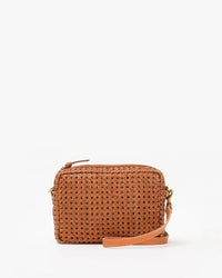 The Clare V. Midi Sac in Tan Rattan is a small rectangular crossbody bag with a matching tan strap and zipper, shown against a white background.