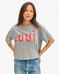 Clare V. Oui Le Carre Tee in Grey Melange w/ Bright Poppy