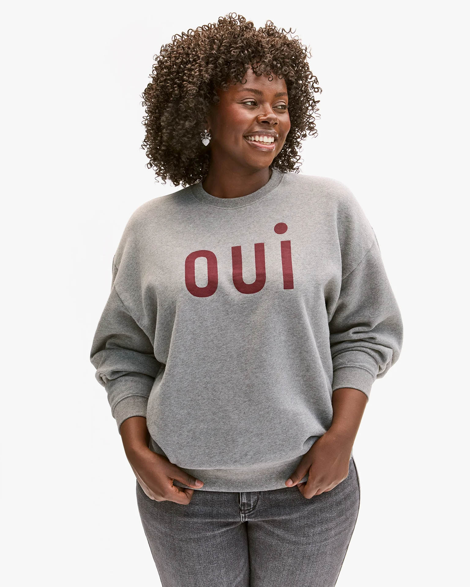 Clare V. Oui Oversized Sweatshirt in Grey Melange w/ Bordeaux