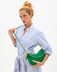 Clare V. Petit Moyen Messenger - Leather & Suede Woven Checker in Grass 2 - Bliss Boutiques
