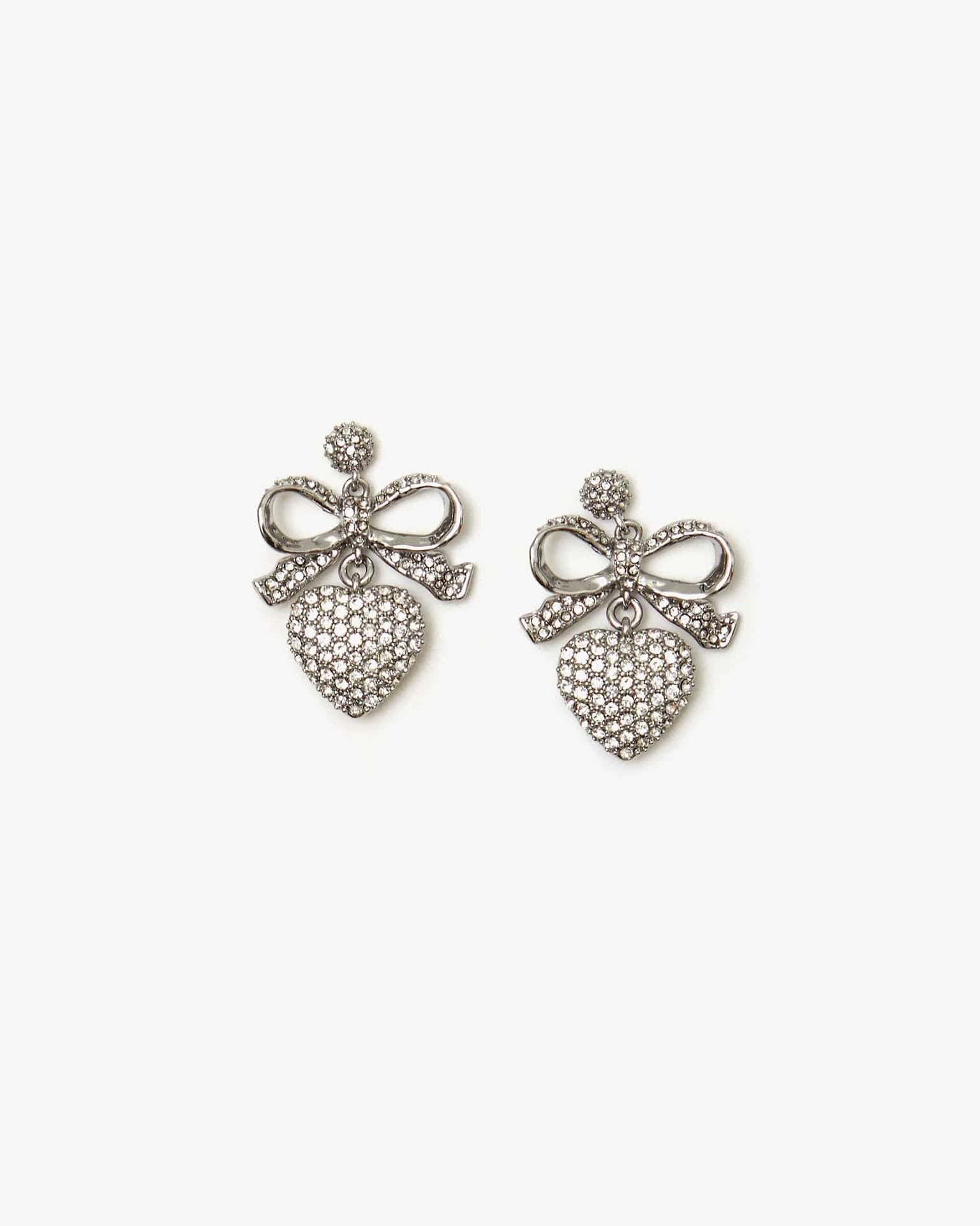Clare V. Petite Heart Drop Pave Earrings in Clear/Rhodium