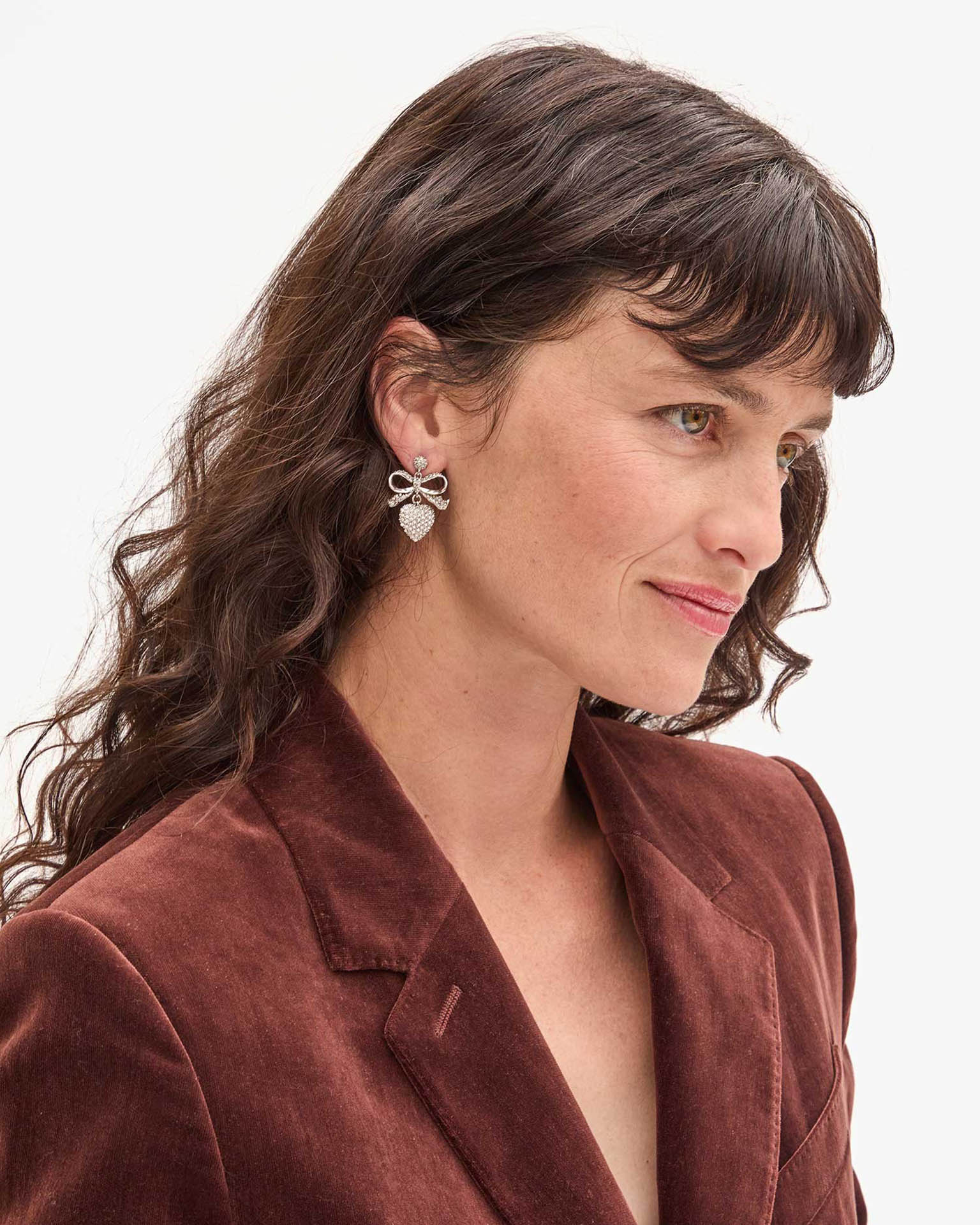 Clare V. Petite Heart Drop Pave Earrings in Clear/Rhodium