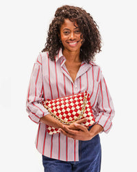 Clare V. Puffy Woven Nappa Flat Clutch w/ Tabs in Rossa & Cream