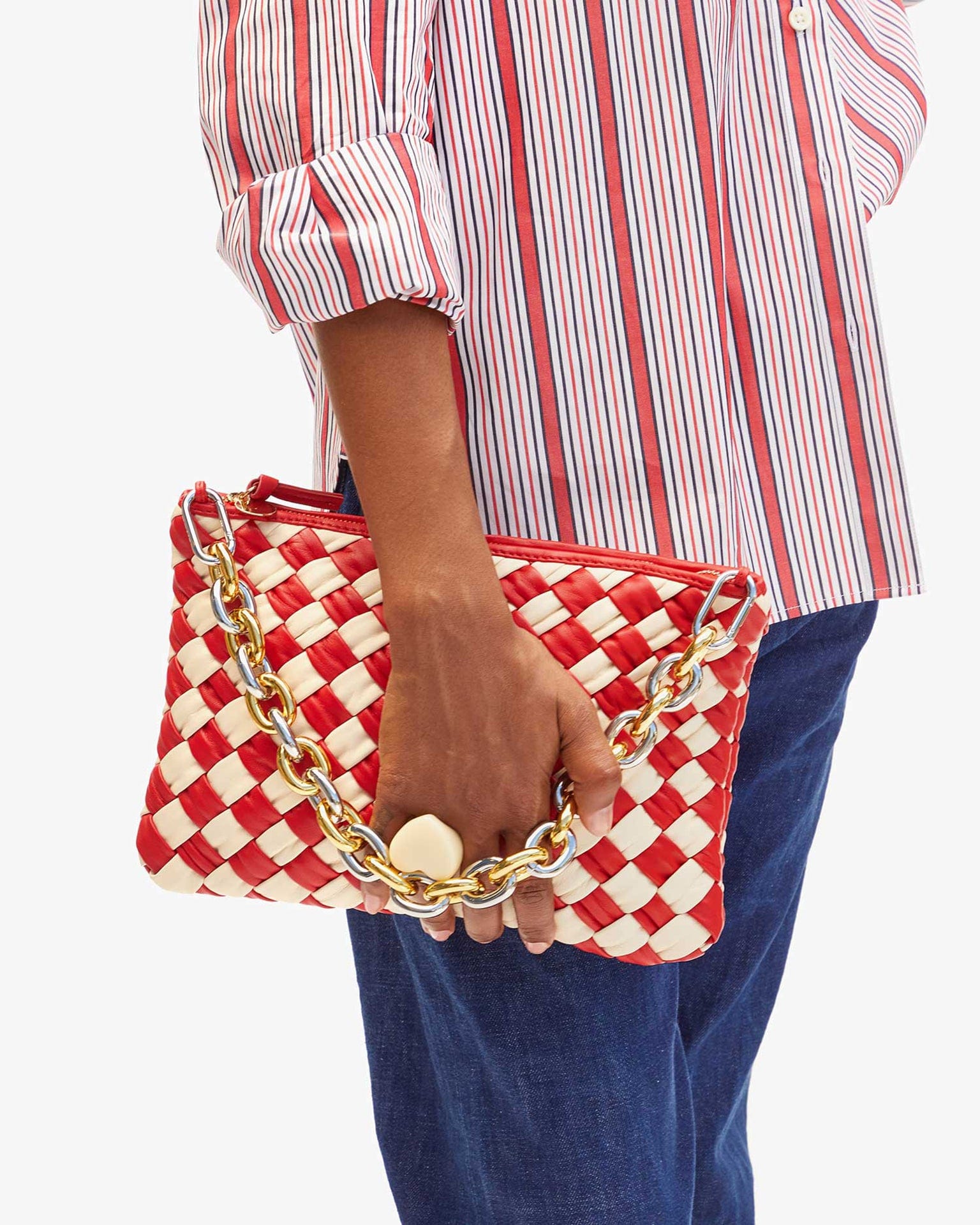 Clare V. Puffy Woven Nappa Flat Clutch w/ Tabs in Rossa & Cream