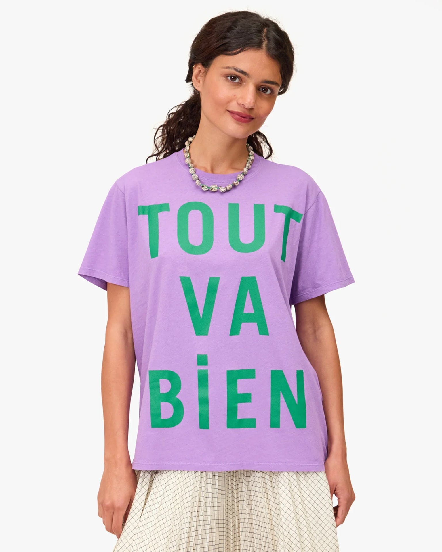 Clare V. Tout Va Bien Original Tee in Faded Wild Purple Cotton/Linen w/ Green