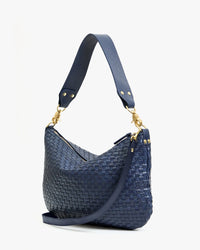 Clare V. Woven Checker Moyen Messenger in Bleu Marine