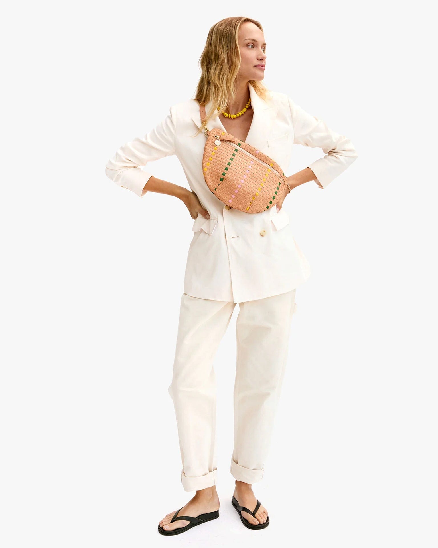 Clare V. Woven Checker w/ Stripe Grande Fanny in Bisque