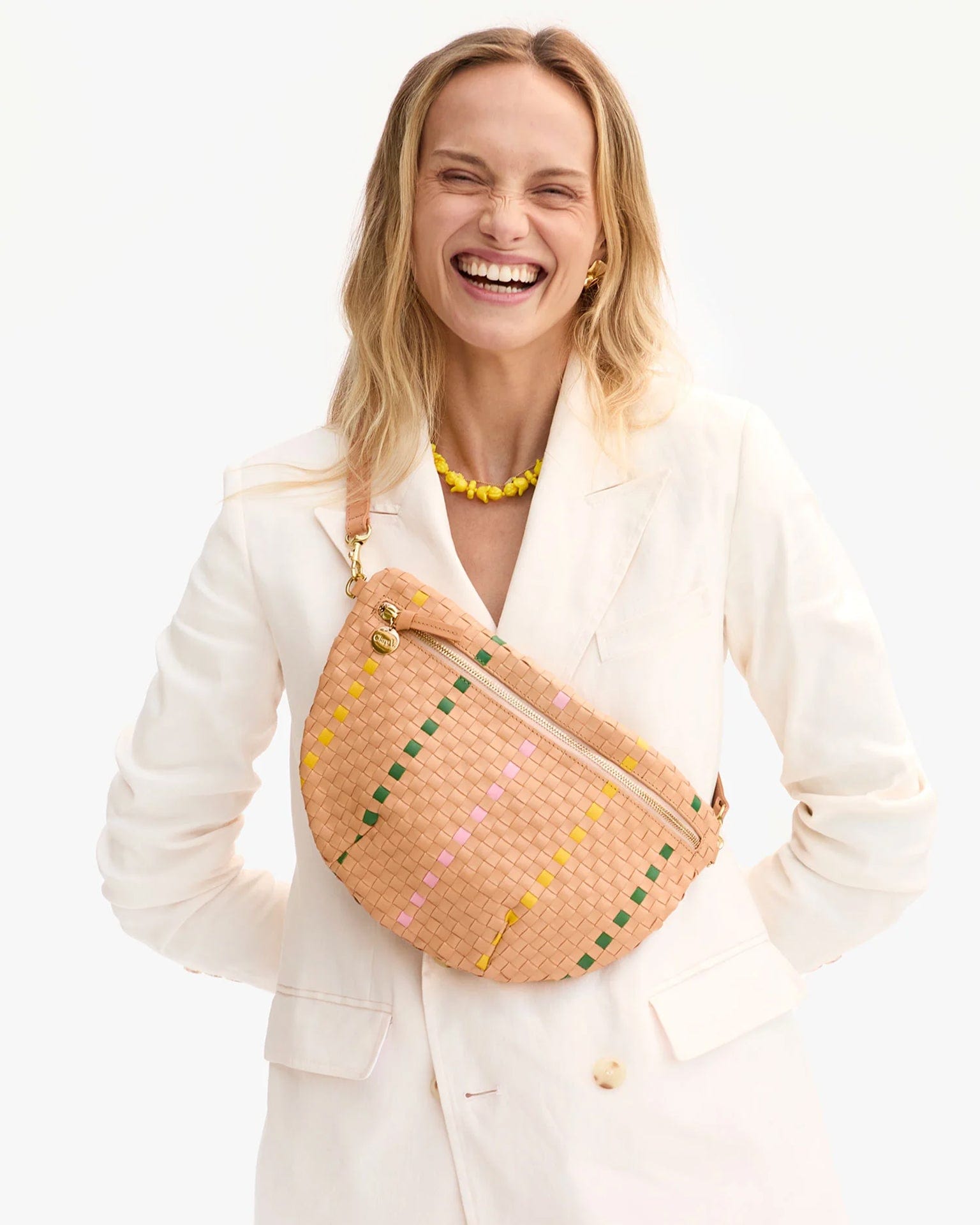 Clare V. Woven Checker w/ Stripe Grande Fanny in Bisque