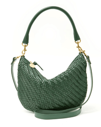 The Clare V. OLD-Woven Zig-Zag Petit Moyen Messenger in Evergreen features green woven leather, gold hardware, a short handle, and a detachable long strap—an elegant bag inspired by the Moyen Messenger collection. Displayed on a white background.