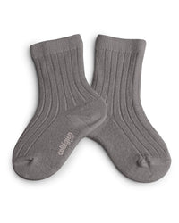 A pair of Victoire Extra Soft Glittery Socks in Gris Galet by Collegien, featuring a gray ribbed design and the brand name printed in white on the sole, displayed on a white background.
