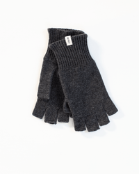 A pair of COLORI Fingerless Gloves in Carbon, knit in dark gray cashmere with ribbed cuffs, displayed neatly on a white background.