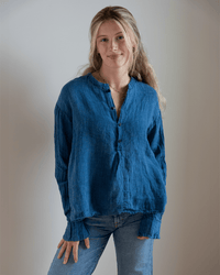 CP Shades Ariana No Collar Henley - Indigo Linen in Bleach