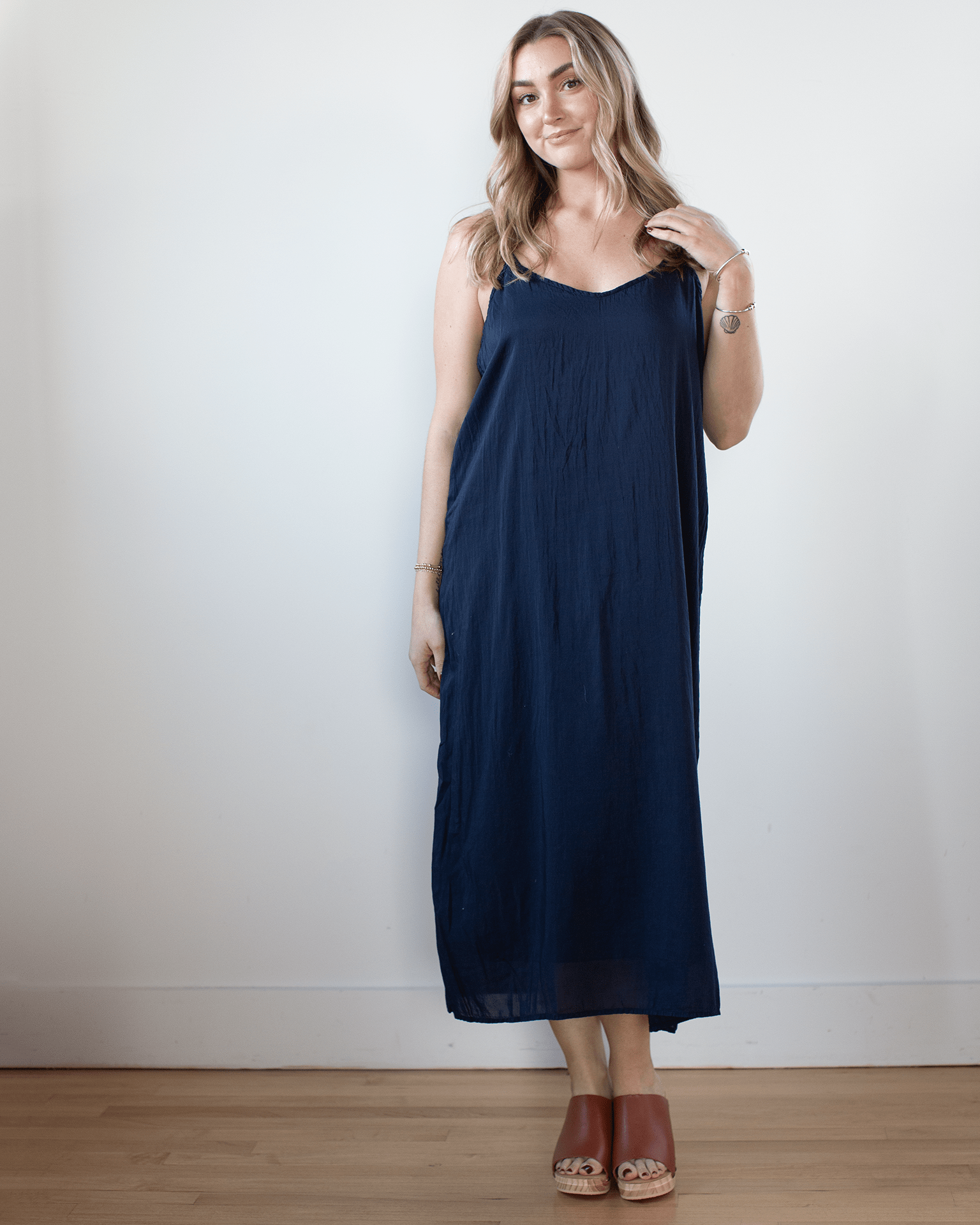 Ava Cotton Silk Lined Long Cami Slipdress in Ink