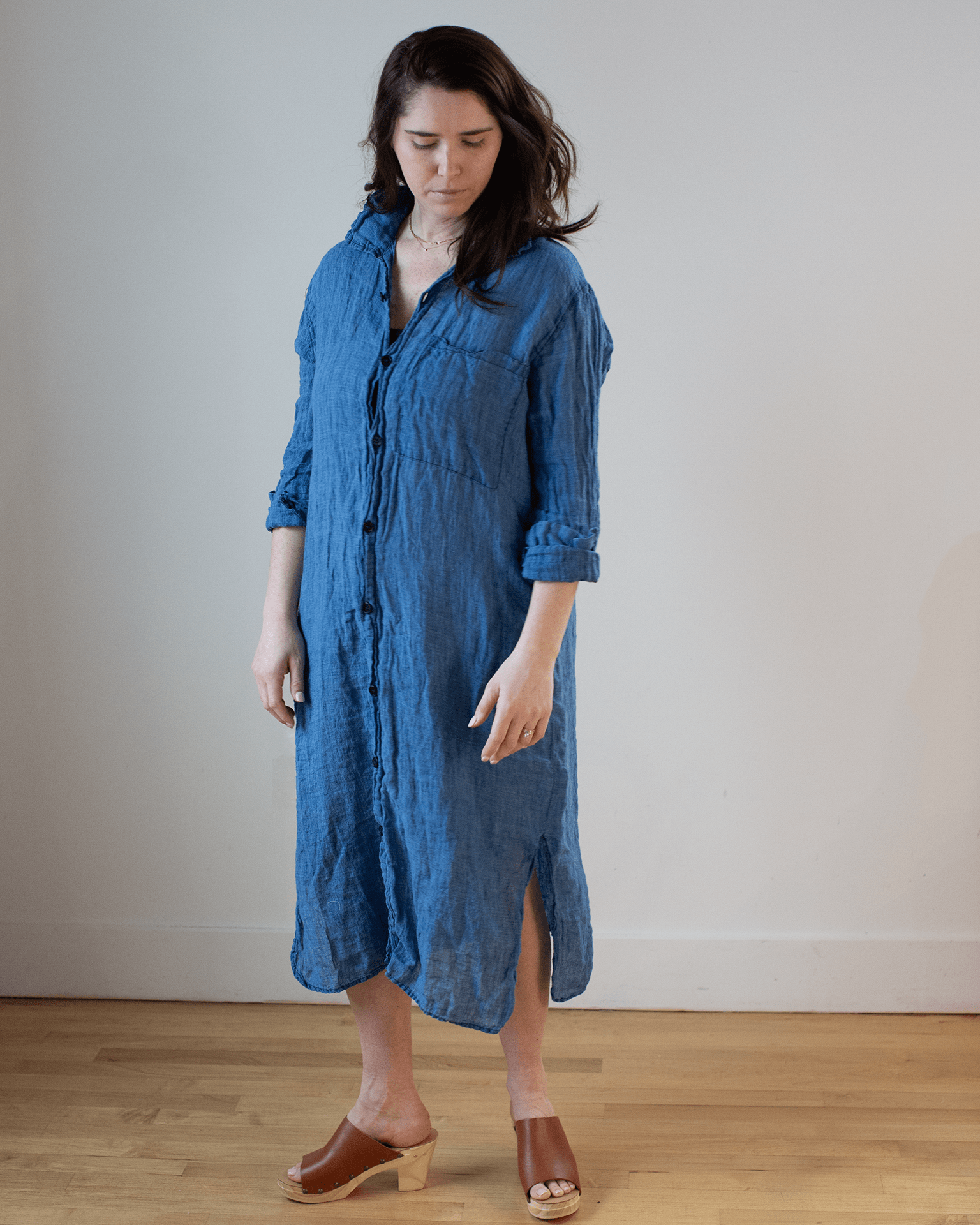 CP Shades Elle Boxy Indigo Linen Shirtdress w/ Large Chest Pocket in Bleach