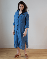 CP Shades Elle Boxy Indigo Linen Shirtdress w/ Large Chest Pocket in Bleach