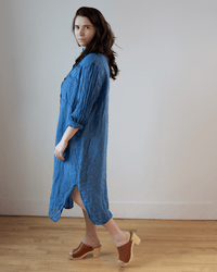 CP Shades Elle Boxy Indigo Linen Shirtdress w/ Large Chest Pocket in Bleach