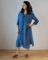 CP Shades Elle Boxy Indigo Linen Shirtdress w/ Large Chest Pocket in Bleach