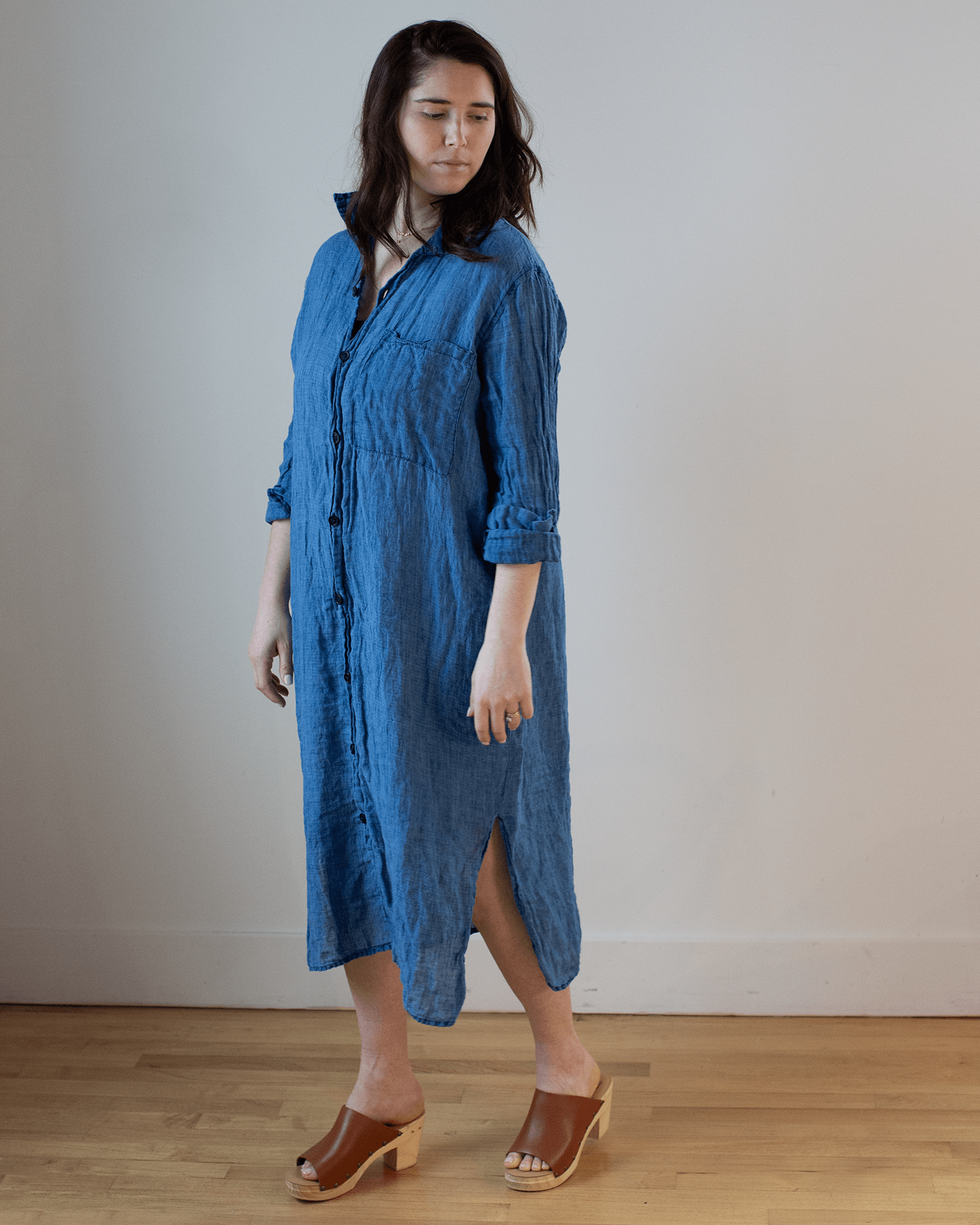 CP Shades Elle Boxy Indigo Linen Shirtdress w/ Large Chest Pocket in Bleach