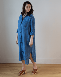 CP Shades Elle Boxy Indigo Linen Shirtdress w/ Large Chest Pocket in Bleach