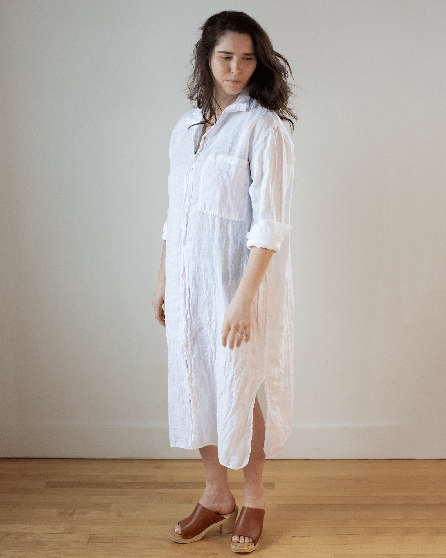 CP Shades Elle Boxy Linen Shirtdress w/ Large Chest Pocket in White