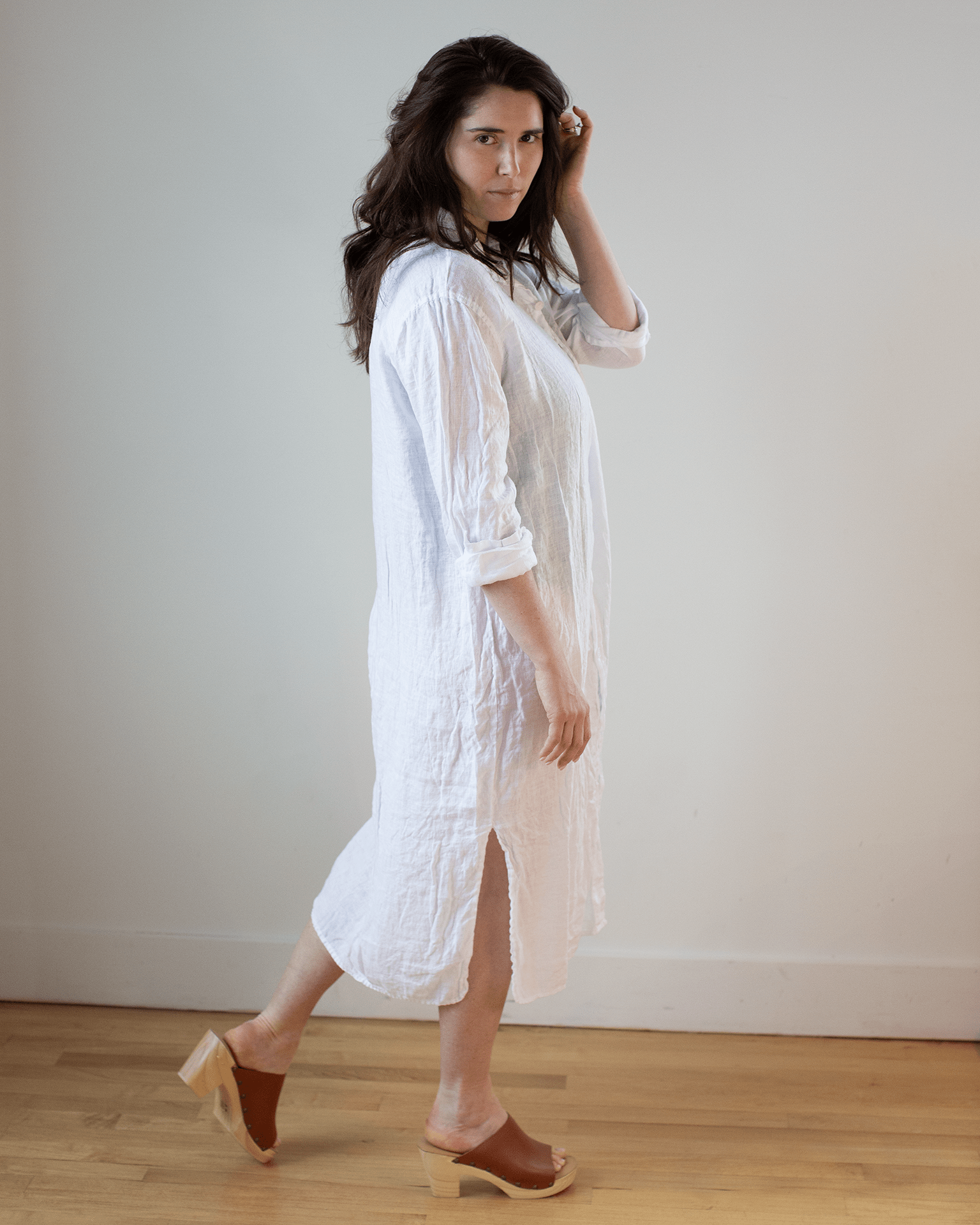 CP Shades Elle Boxy Linen Shirtdress w/ Large Chest Pocket in White