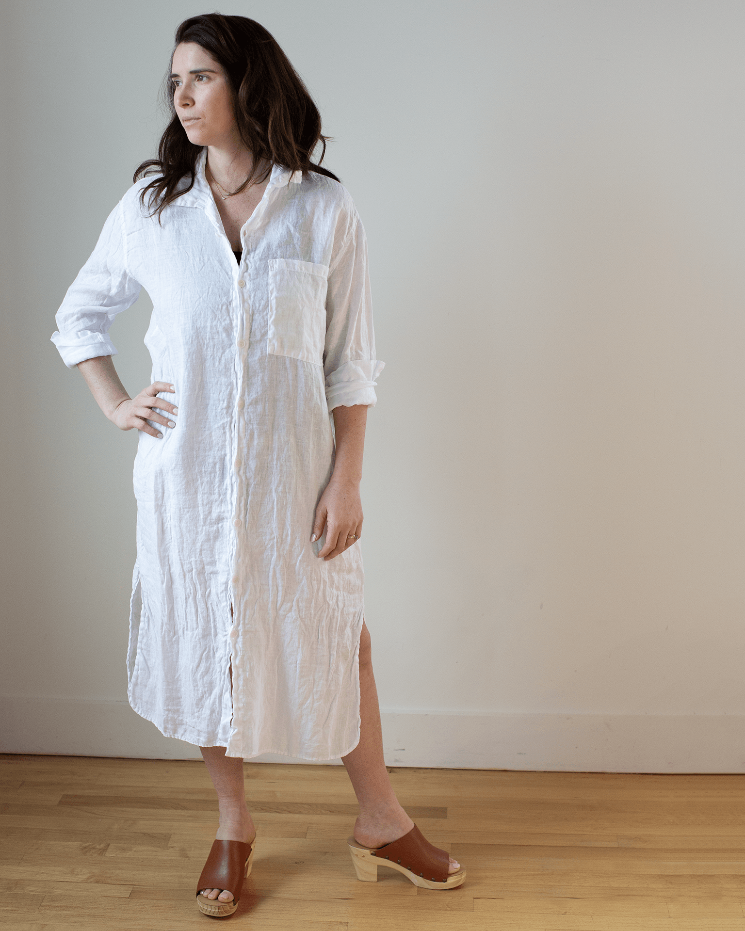 CP Shades Elle Boxy Linen Shirtdress w/ Large Chest Pocket in White