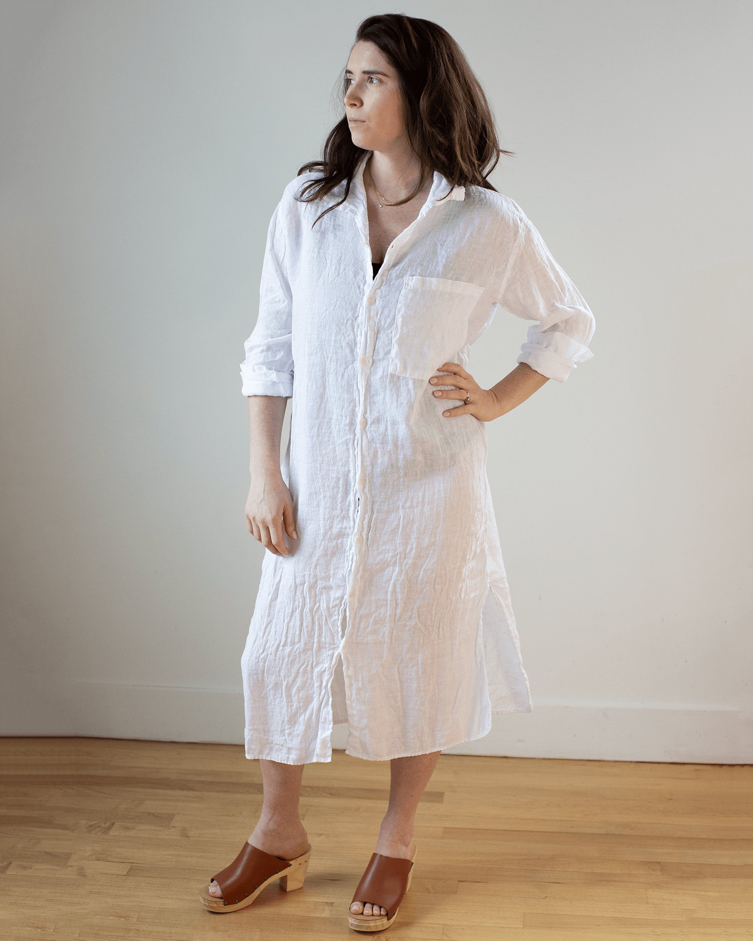 Elle Boxy Linen Shirtdress w/ Large Chest Pocket in White