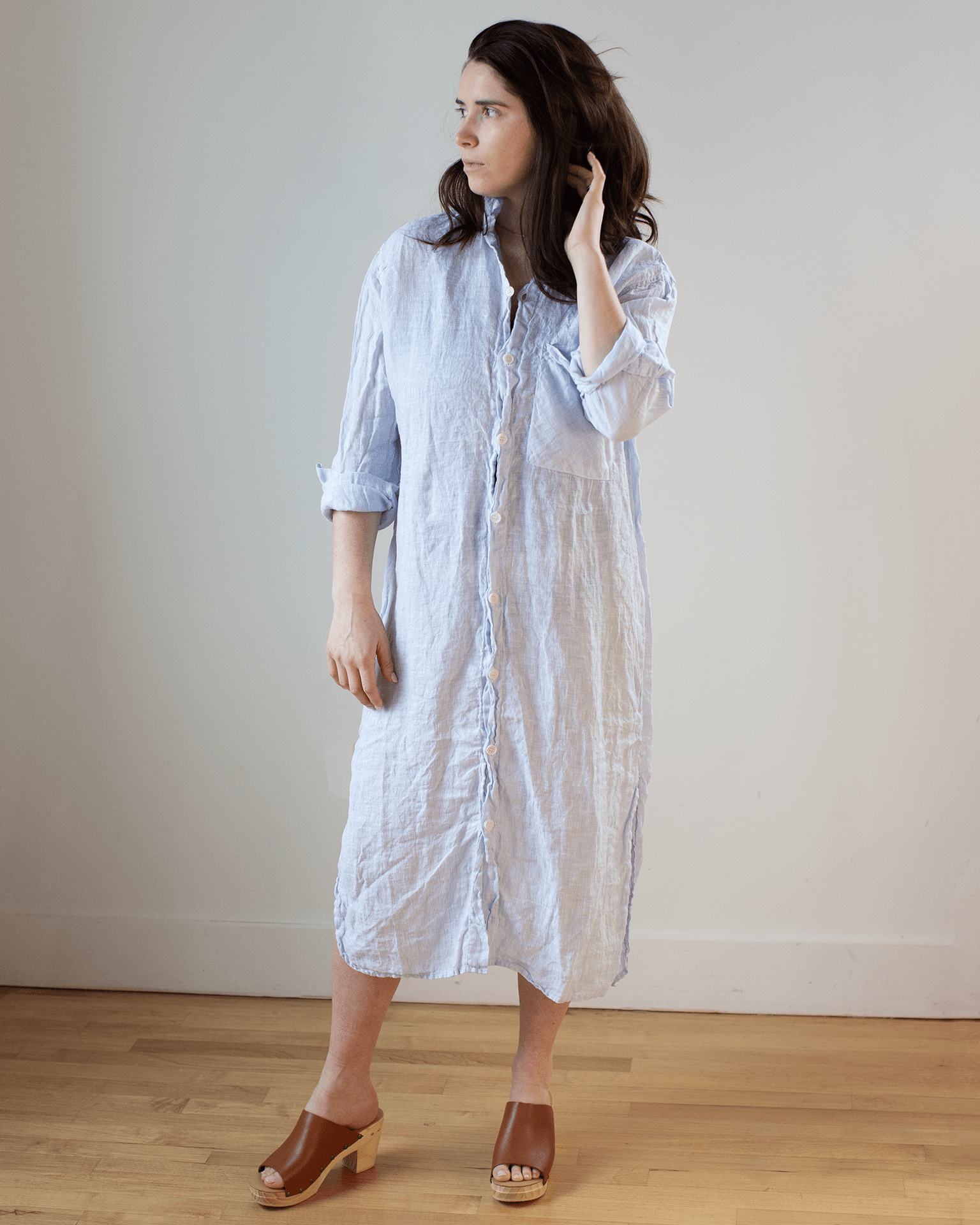 CP Shades Elle Pinstripe Shirtdress w/ Large Chest Pocket in Blue & White