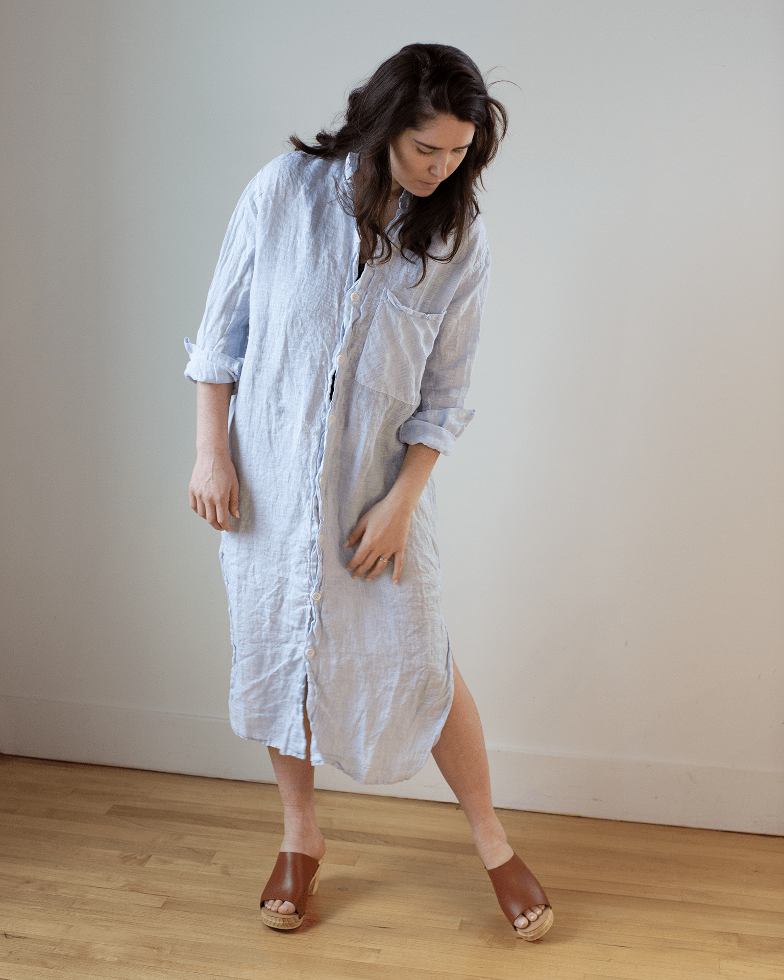 CP Shades Elle Pinstripe Shirtdress w/ Large Chest Pocket in Blue & White