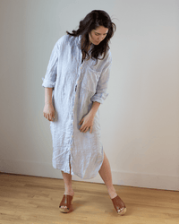 CP Shades Elle Pinstripe Shirtdress w/ Large Chest Pocket in Blue & White