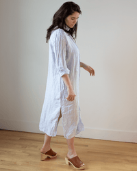 CP Shades Elle Pinstripe Shirtdress w/ Large Chest Pocket in Blue & White