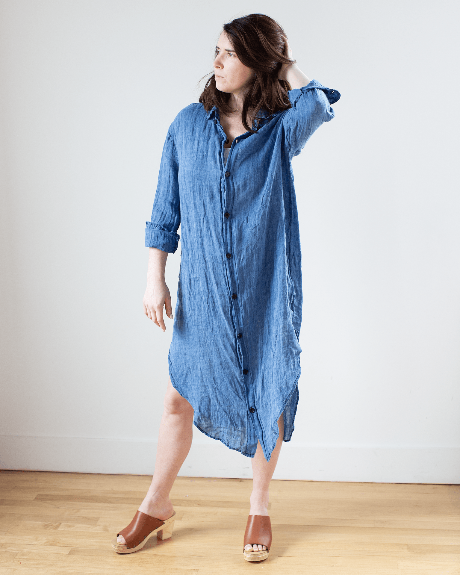 Kira Indigo Linen Rounded Shirttail Dress in Bleach