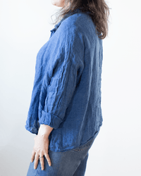 CP Shades Lissa Flared Henley w/ Collar - Indigo Linen in Bleach