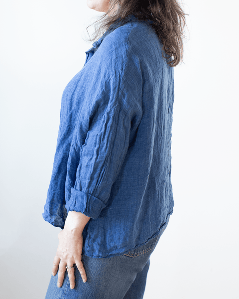 CP Shades Lissa Flared Henley w/ Collar - Indigo Linen in Bleach