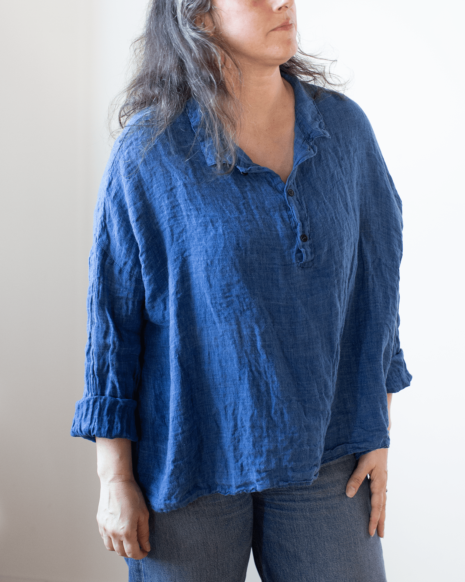 CP Shades Lissa Flared Henley w/ Collar - Indigo Linen in Bleach