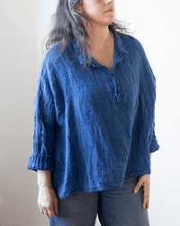 CP Shades Lissa Flared Henley w/ Collar - Indigo Linen in Bleach