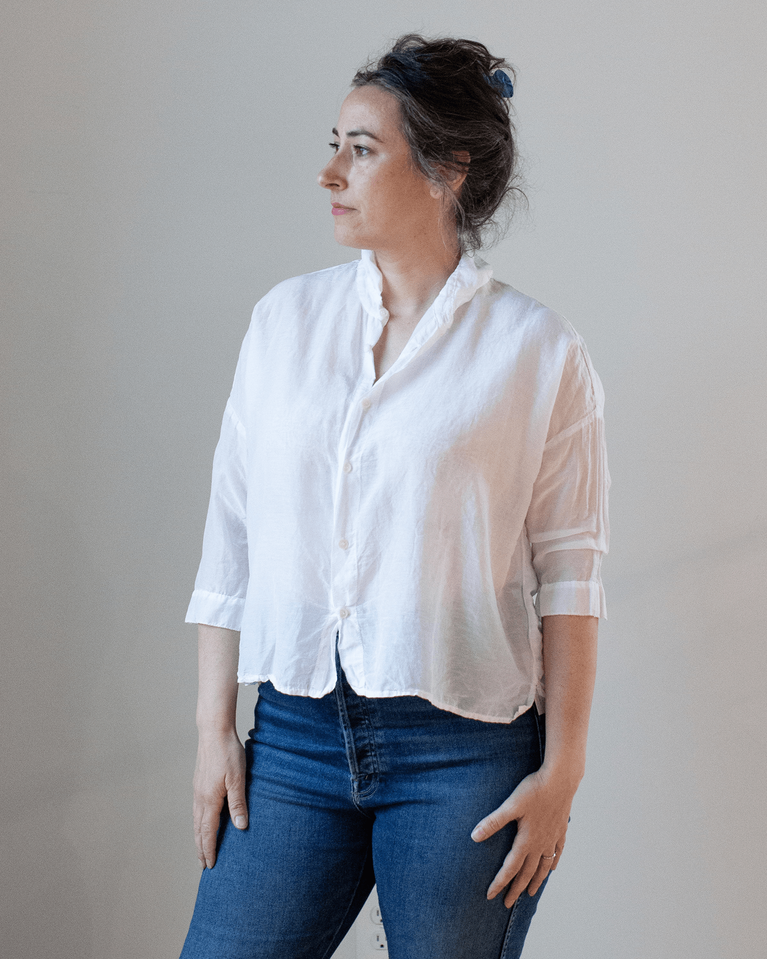 CP Shades Rooney Boxy Crop Blouse in White Cotton Silk