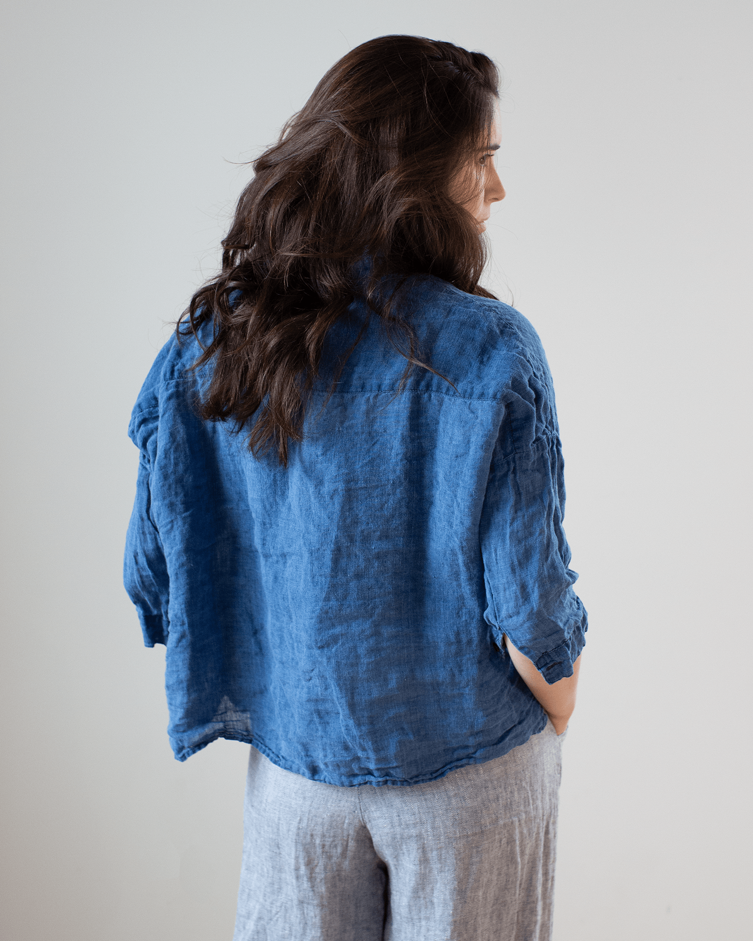 CP Shades Rooney Boxy Indigo Linen Top in Bleach