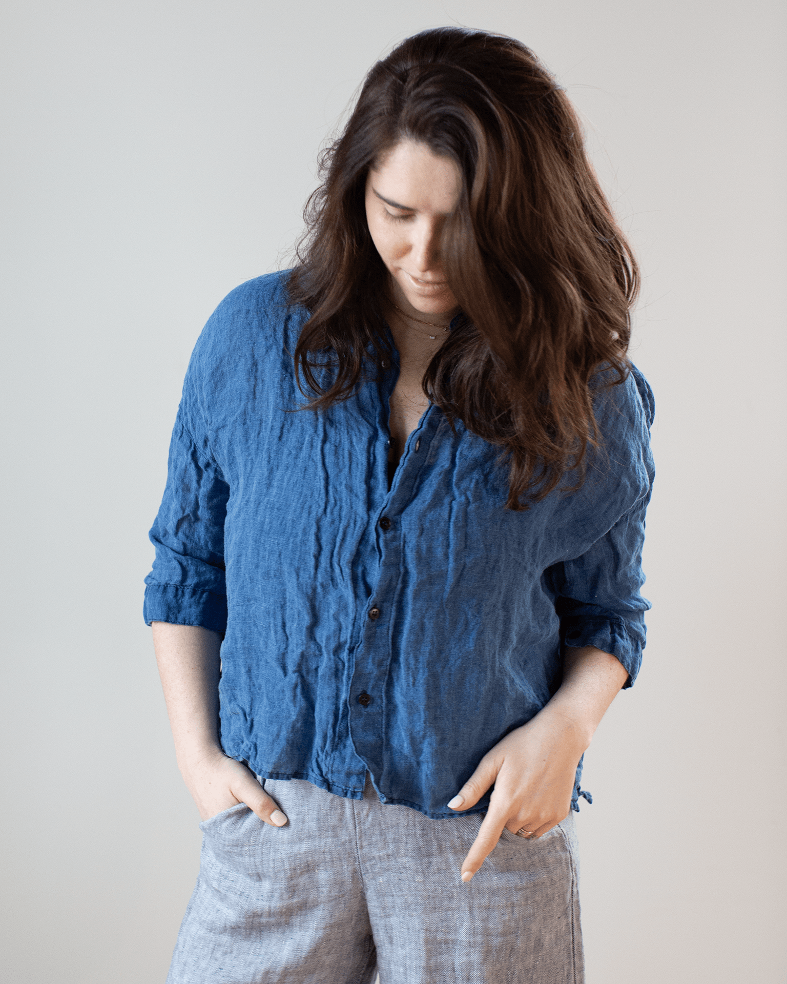 CP Shades Rooney Boxy Indigo Linen Top in Bleach