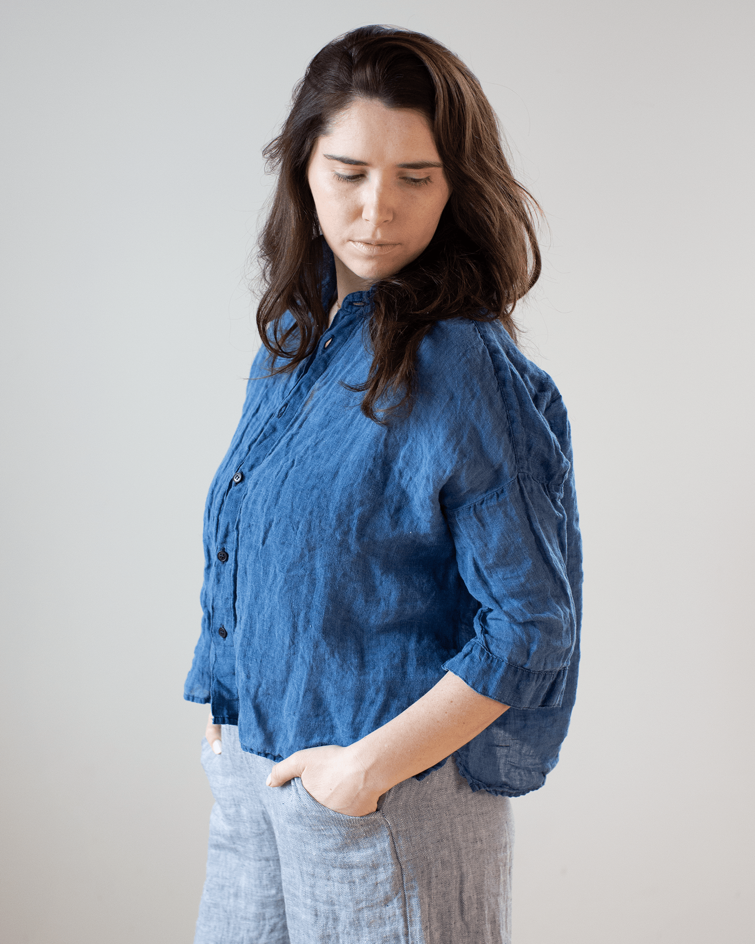 CP Shades Rooney Boxy Indigo Linen Top in Bleach