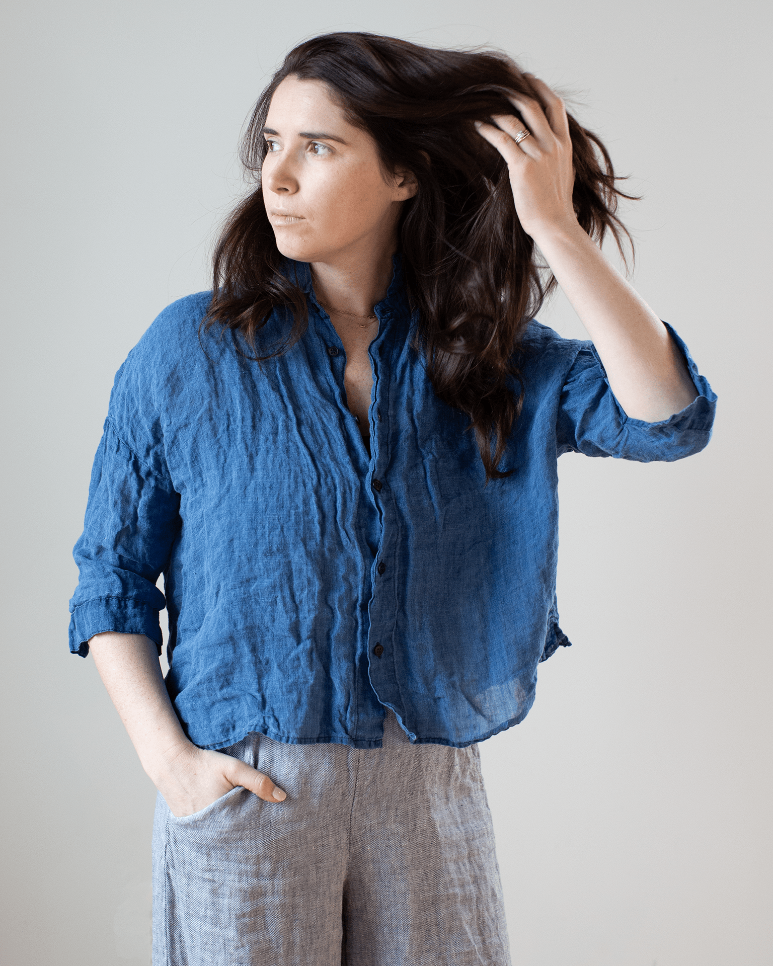 CP Shades Rooney Boxy Indigo Linen Top in Bleach