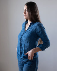 CP Shades Sloane Indigo Linen Blouse in Bleach