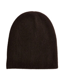The White + Warren Cashmere Plush Rib Beanie in Dark Umber, featuring a ribbed texture, is shown against a white background.