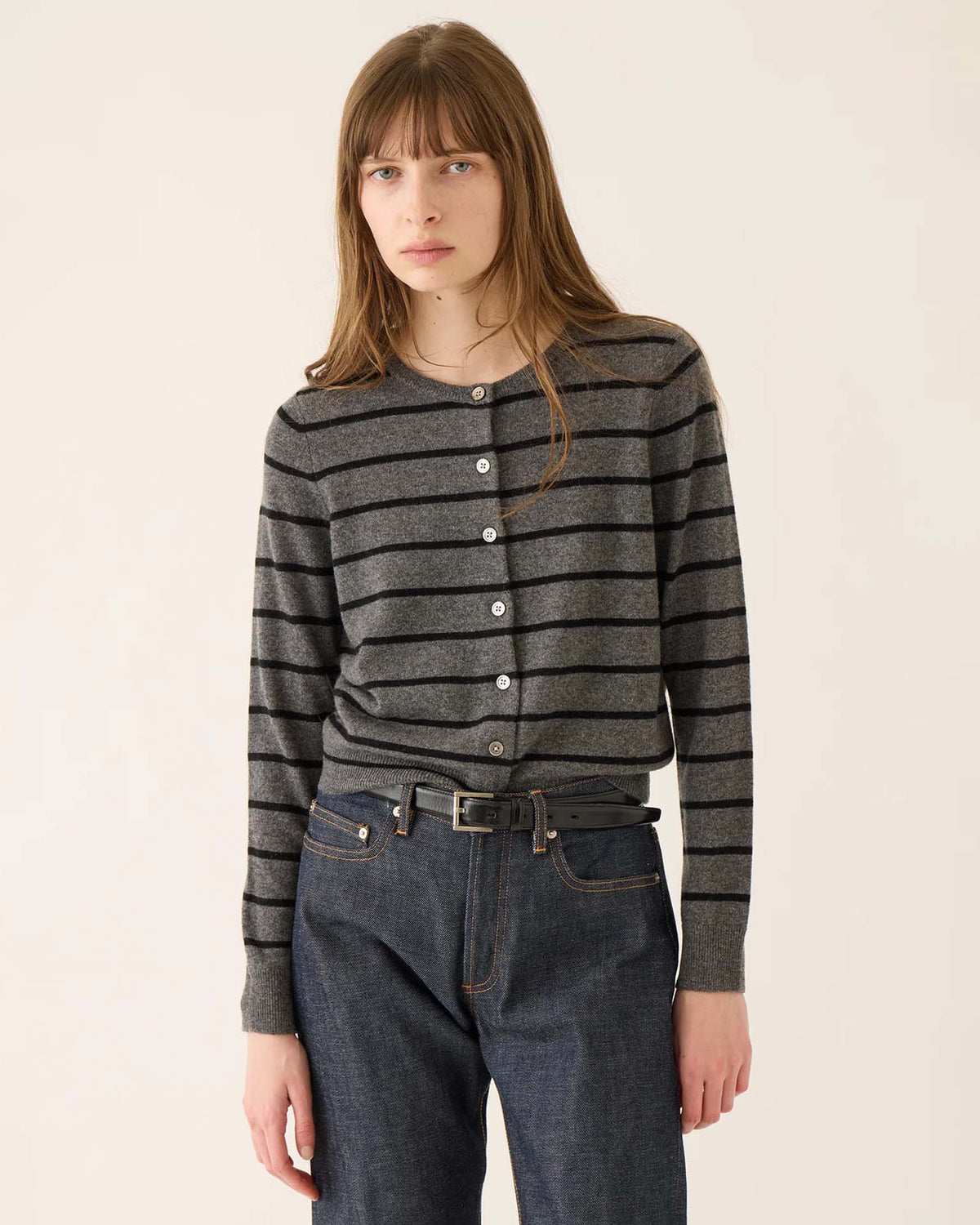 Ava Stripe Cashmere Cardigan in Dk Heather Grey/Black