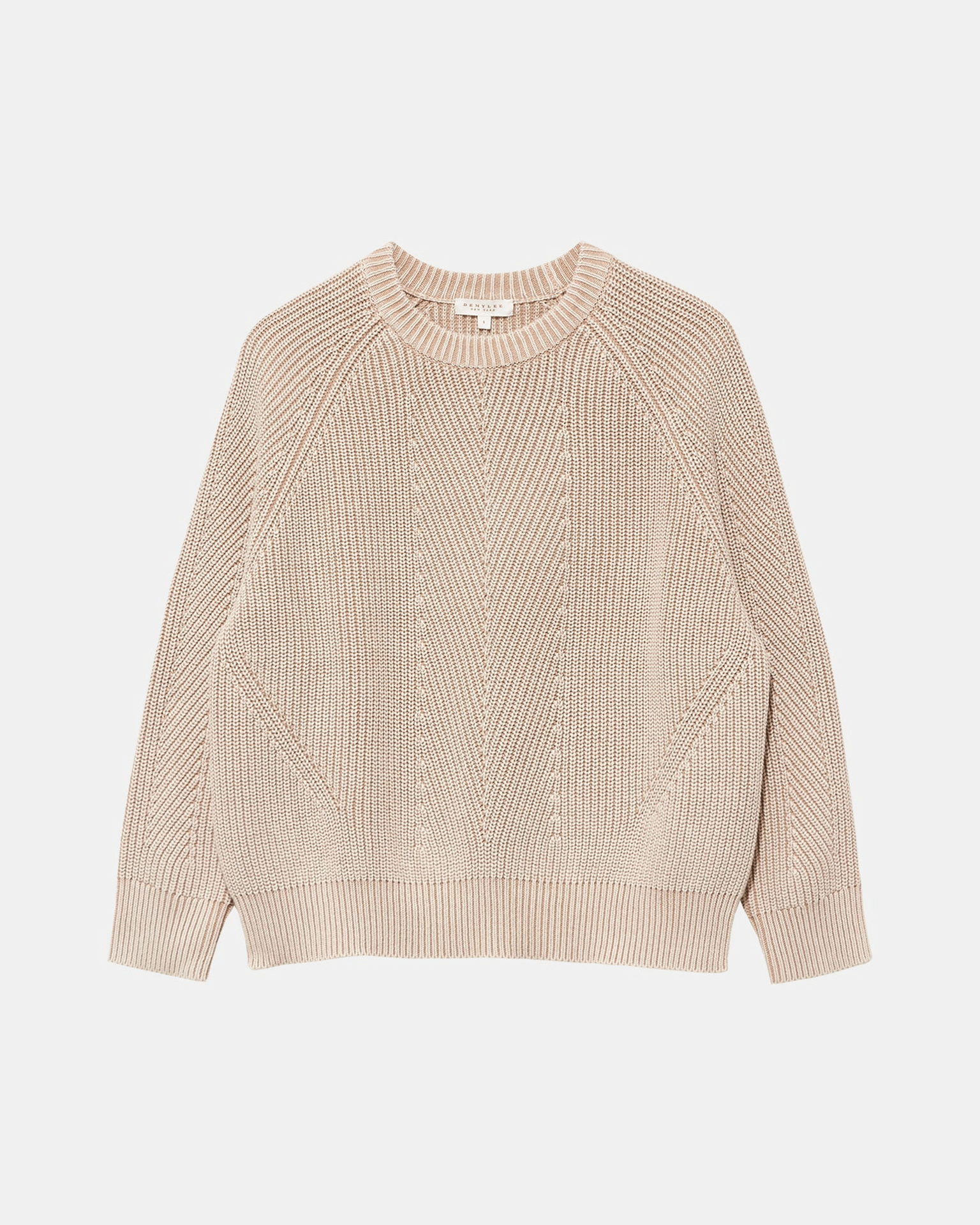 Demylee Chelsea Washed Cotton Sweater in Sandstone features a shrunken crewneck, long sleeves, and textured geometric front, shown against a plain white background.