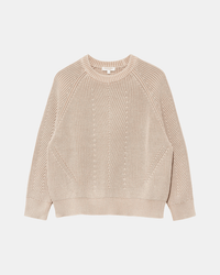 Demylee Chelsea Washed Cotton Sweater in Sandstone features a shrunken crewneck, long sleeves, and textured geometric front, shown against a plain white background.