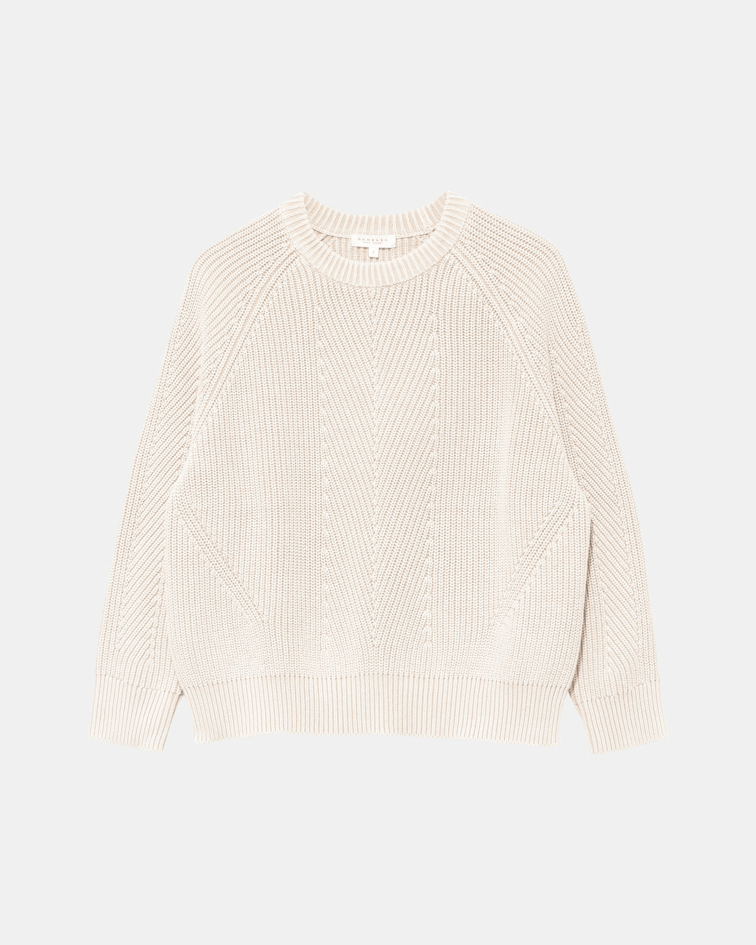 The Demylee Chelsea Washed Cotton Sweater in Off White features long sleeves, a ribbed shrunken crewneck, ribbed cuffs, and a textured front and sleeves, shown laid flat on a white background.