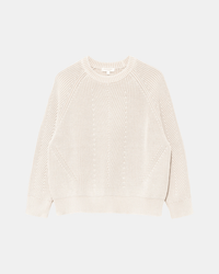 The Demylee Chelsea Washed Cotton Sweater in Off White features long sleeves, a ribbed shrunken crewneck, ribbed cuffs, and a textured front and sleeves, shown laid flat on a white background.
